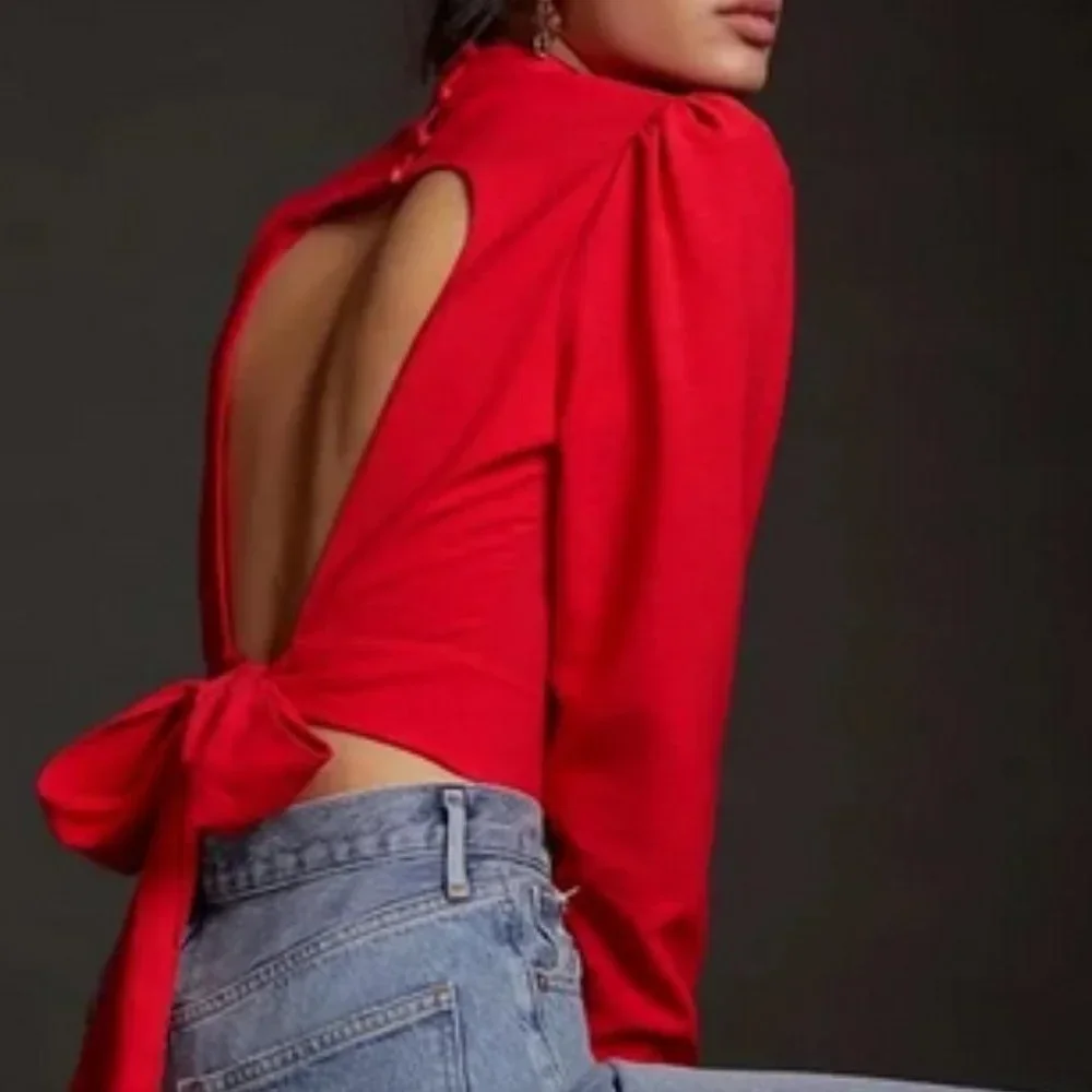 Anthropologie Maeve 16 NWT Black Open-Back Blouse Top Bow Tie back - Picture 5 of 6